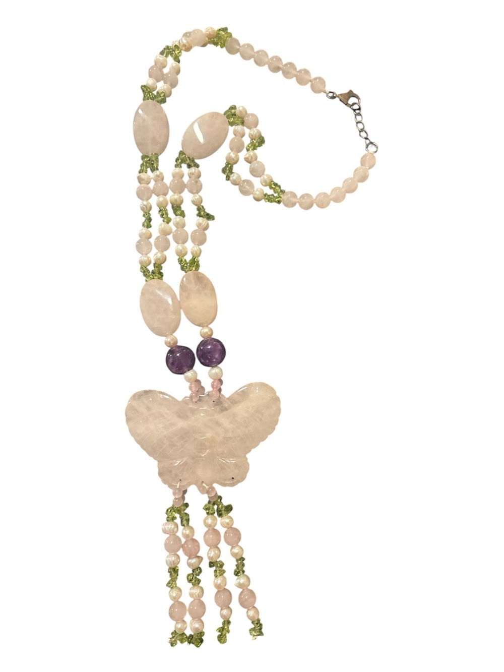 Vtg necklace rose Quartz butterfly stone with pearls, peridot stones 925 silver